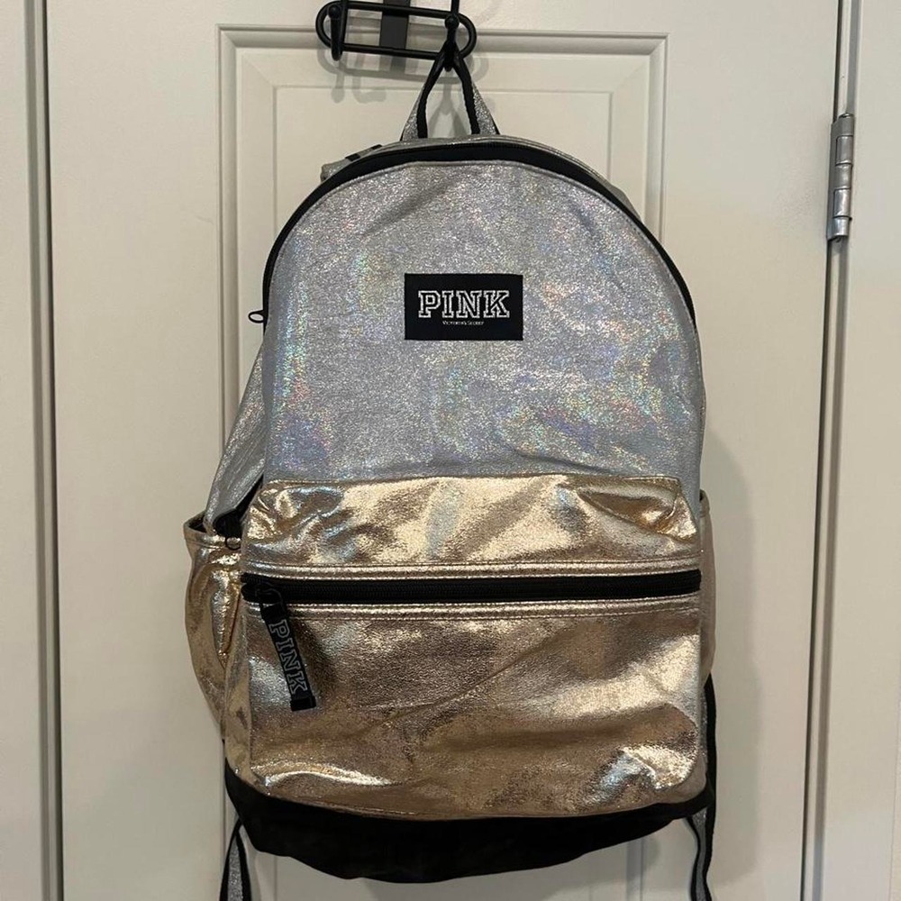 Victorias Secret PINK Campus Backpack Silver Gold MetallicLarge Bookbag RARE - Picture 5 of 8